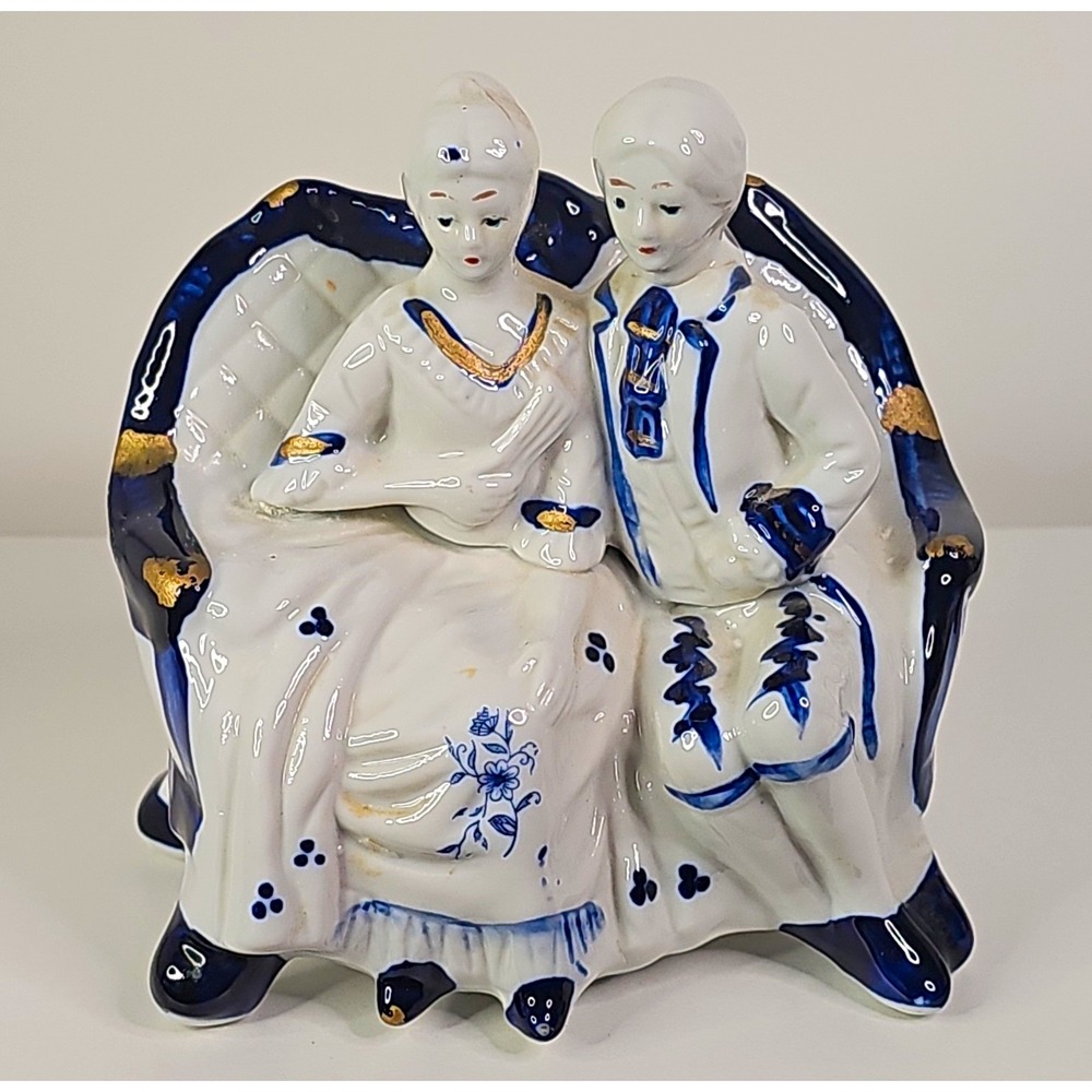 Ceramic Couple Figurine on Bench, White Blue Gold Floral Hand Painted Glossy